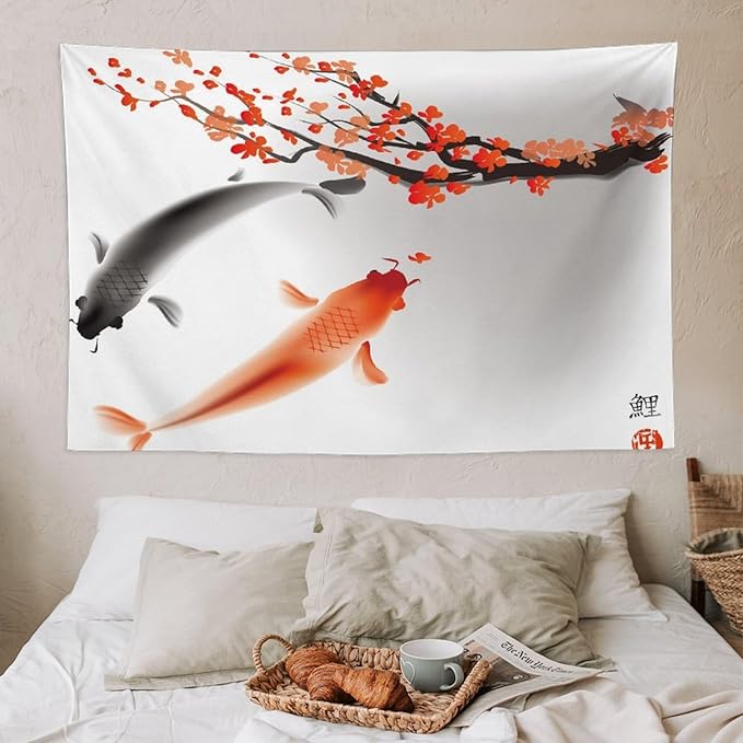 Japanese Koi Fish Tapestry, Cherry Blossoms Asian Oriental Flower Branch Koi Fish Carp Tapestries Wall Hanging for Bedroom Living Room Office Decor 60"x40"