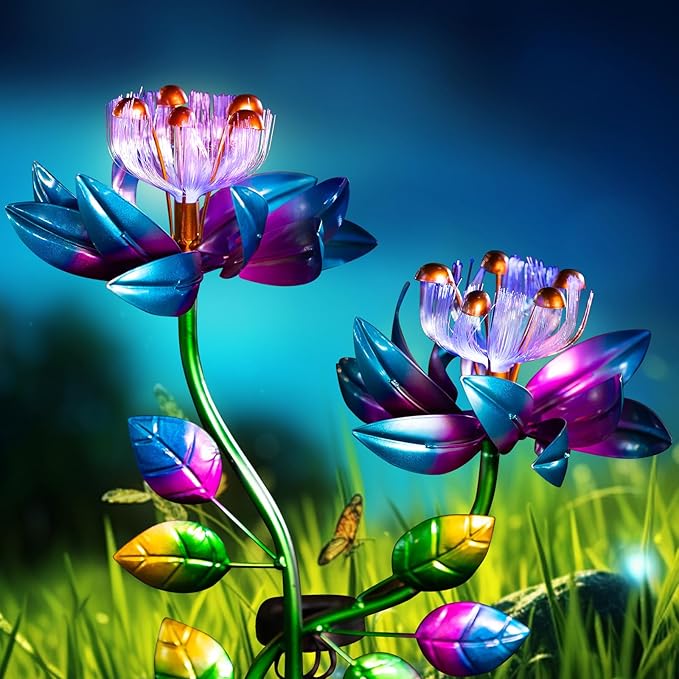 Solar Wind Spinners Blue Twin Flowers for Yard and Garden, Solar Windmill Garden Whirligig Kinetic Spinners Decor for Lawn, Patio, Yard, Metal Wind Outdoor Sculpture