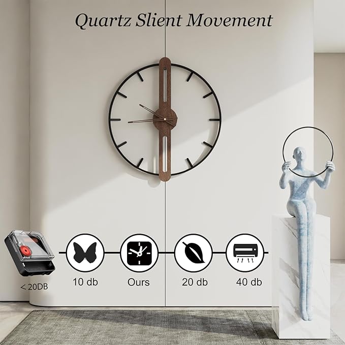 Modern Walnut Dial Wall Clock, Wood Large Wall Clock Decor Metal Frame Silent Non Ticking for Living Room, Bedroom, Kitchen, Study Decoration, Handmade Home Gift Idea, 28 in (70 cm)