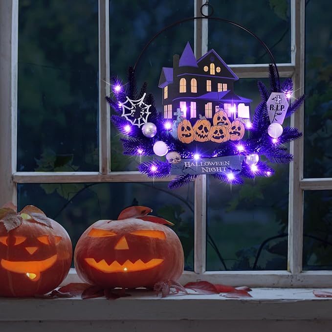 Lighted Halloween Wreaths for Front Door, Welcome Metal Wooden Door Wreath Decor Hanging Sign, 30 LED Lighted Wall Decor Battery Operated for Halloween Indoor Outdoor (Pumpkin)
