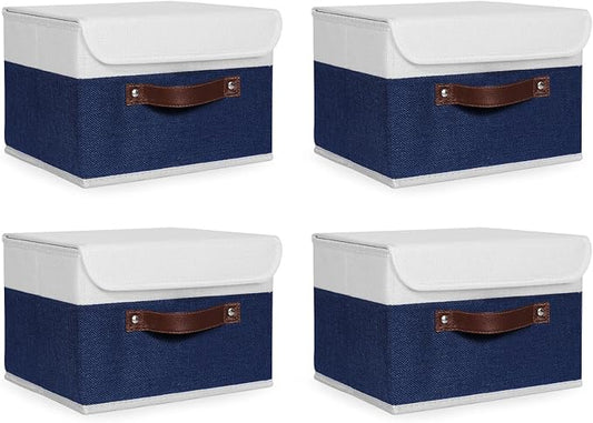 ANMINY 4PCS Storage Boxes with Lid Washable Decorative Storage Bin Basket with PU Leather Handle Foldable Linen Fabric Storage Cube Container for Home Closet Organizer - Deep Blue White, Small Size