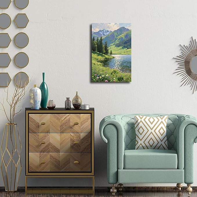 The scenery of mountain streams and green meadows is suitable for living rooms bedrooms offices landscape posters and wall paintings