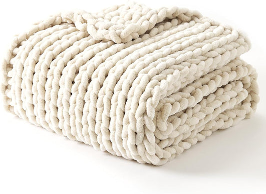 YnM Chunky Throw Blanket, Medium-Weight, Hand Knitted with Chenille Yarn, Skin Friendly, Ventilated and Breathable, Machine Washable, Home Décor Piece for Couch Sofa and Bed (Butter Cream, 80x87 Inch)