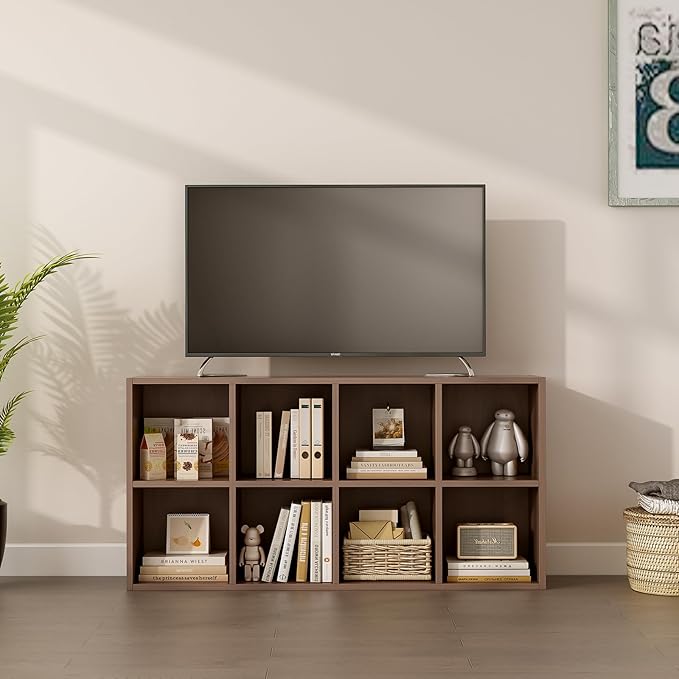 8-Cube Storage Shelf Bookcase - Wooden 4-Tier Floor Standing Open Bookshelf for Home and Office, Cuby Orgainzer, Walnut