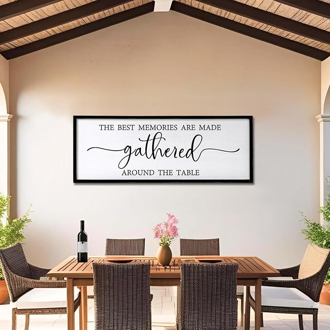 The Best Memories are Made Gathered Around The Table Sign Framed Wall Art, 40''×15'' Rustic Horizontal Plaque with Black Frame for Dinning Living Room, Long Home Family Wood Sign Wall Decor