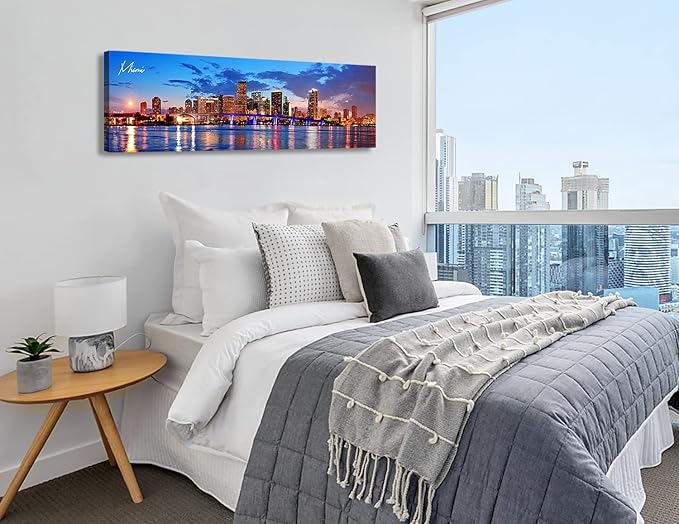 Office Wall Decor Miami Skyline Wall Art Panoramic Cityscape Picture Modern USA City Night View Canvas Prints for Bedroom Living Room Home Decoration Stretched and Framed Ready to Hang 13.8"x45.3"
