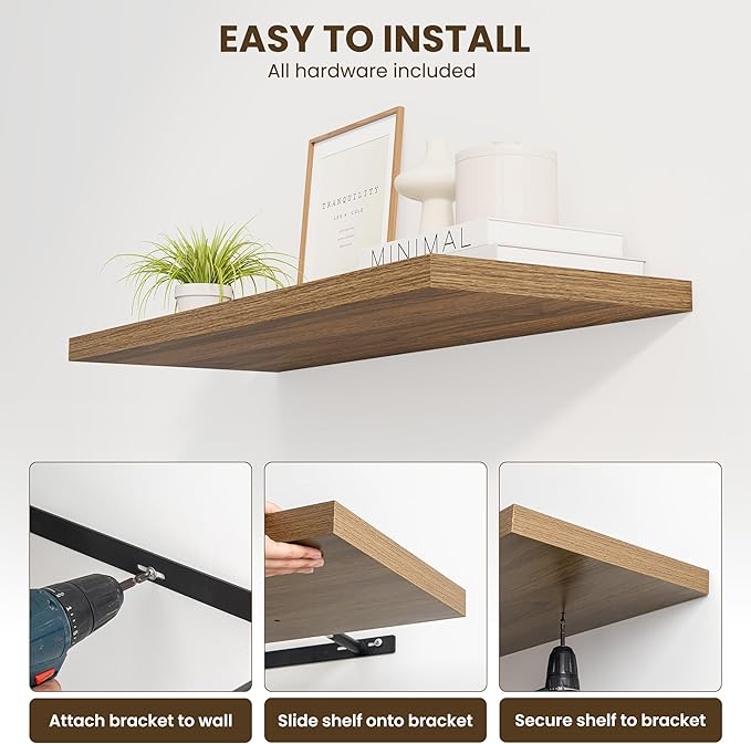 30" Floating Shelves for Wall, 12" Deep Slim Walnut Floating Shelves, Wall-Mounted Shelves for Bedroom, Living Room, Kitchen, Bathroom - Set of 2