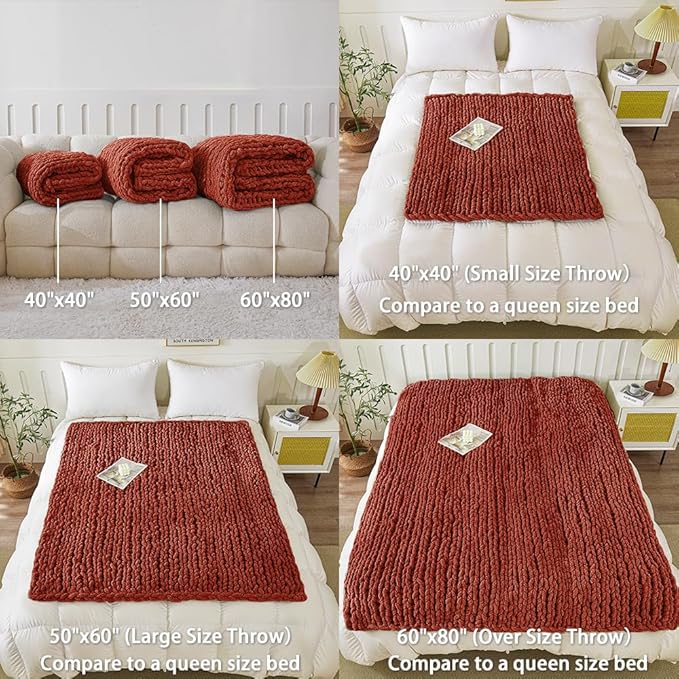 WESHIONGOO Chunky Knit Blanket Throw　40"*40“ Knitted Throw Blankets for Couch Bed Fluffy Soft Blanket with Jumbo Chenille Yarn Thick 100% Handmade(Ｒｕｓｔ)