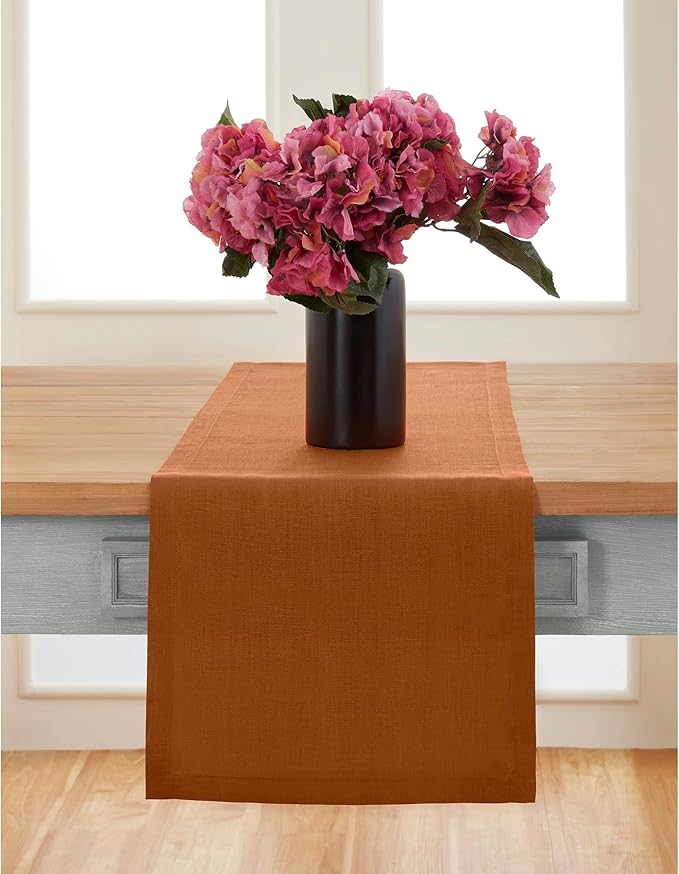 Solino Home Linen Cinnamon Table Runner 48 Inches - 100% Pure Linen Farmhouse Short Table Runner 14 x 48 Inch Ideal for Dresser and Coffee Tables - Fete - Fall, Autumn, Halloween, Thanksgiving