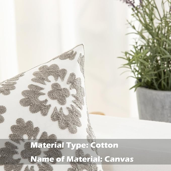 HWY 50 Grey Gray Decorative Throw Pillow Covers 18x18 Inch (1 Piece), Embroidered Cotton Farmhouse Cushion Cover Pillow Case for Sofa Couch Living Room Bed, Geometric Diamond Floral