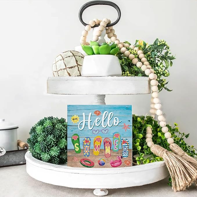 Summer Decor Hello Summer Decorations Flip Flop Wooden Sign Rustic Home Decor 5 x 5 Inches