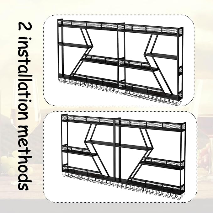 Wall Mounted Wine Rack with Glass Holder, 3-Tier Metal Storage Shelf, Black Diamond Design, Wine Bottle Display with Stemware Storage (Black, 63in/160cm)