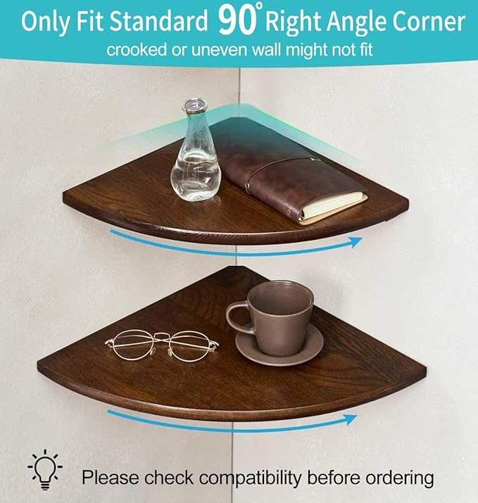 Corner Shelves, Floating Corner Shelf, Set of 2 Solid Oak Wood Wall Shelves, Round End Wall Mount with Wire Hole Shelving for Small Plant for Bedroom Kitchen, Living Room Walnut 8.7”