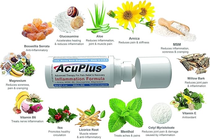 AcuPlus - Pain Relief Roll On - Topical Anti Inflammatory to Soothe Muscles & Joints - Arthritis Pain Reliever, Bursitis, Tendonitis Cream - TSA Compliant, Convenient Roll On - 3 fl. oz. (Pack of 3)