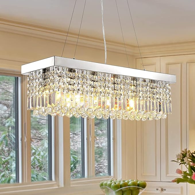 Siljoy 6-Light Modern Crystal Chandelier for Dining Room, Rectangular K9 Crystal Raindrop Chandelier, Rectangle Pendant Ceiling Light Fixture for Living Room Kitchen Island L31.5'' x W10'' x H10''