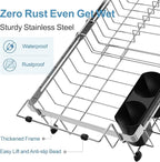 GSlife Expandable in Sink Dish Drying Rack - Capacity Adjustable Stainless Steel Over The Sink Dish Drainer with 2 Cup Holder and Utensil Holder for Kitchen Sink, 10.8"~17.9" L x 14.2" W, Silver