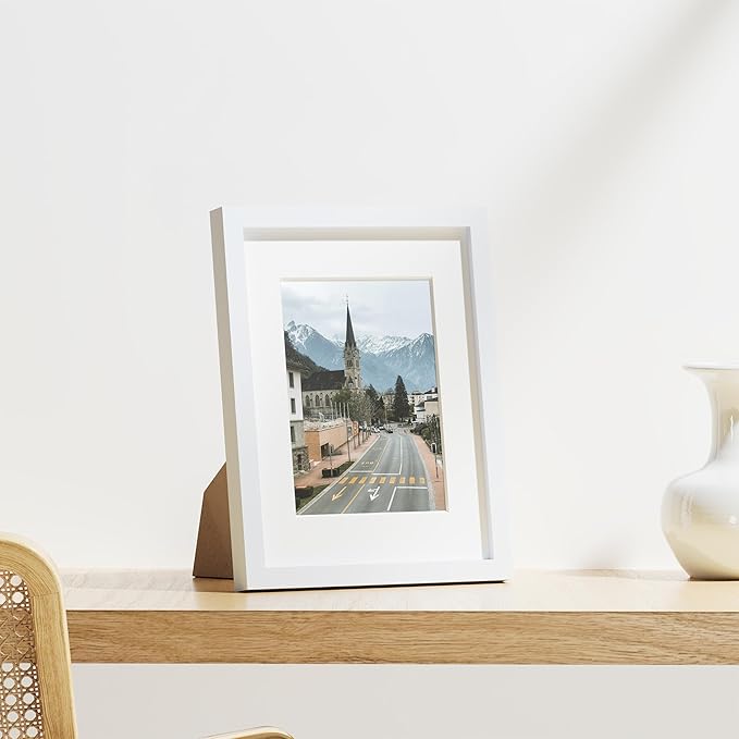 Vittanly 8.5x11 Picture Frames Set of 9, Shatter Resistant Plexiglass, Display 6x8 Pictures with Mat or 8.5x11 without Mat, Photo Frames for Wall or Tabletop, Engineered Wood, White