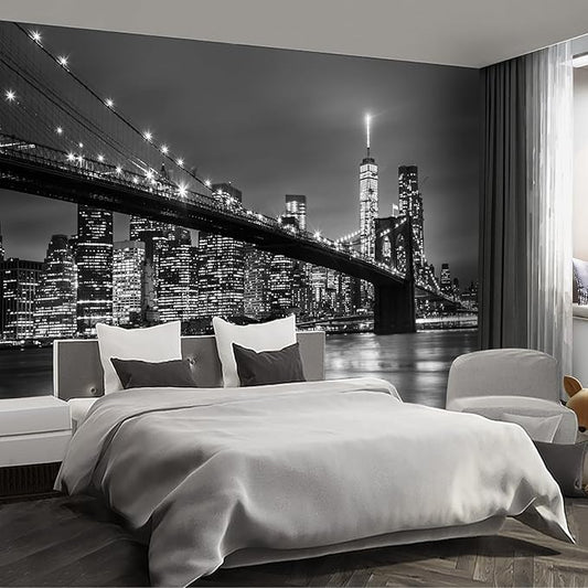 Gray Brooklyn Bridge at Night NYC Wall murals New York Peel and Stick Wallpaper for Bedroom Living Room - 58"x86"