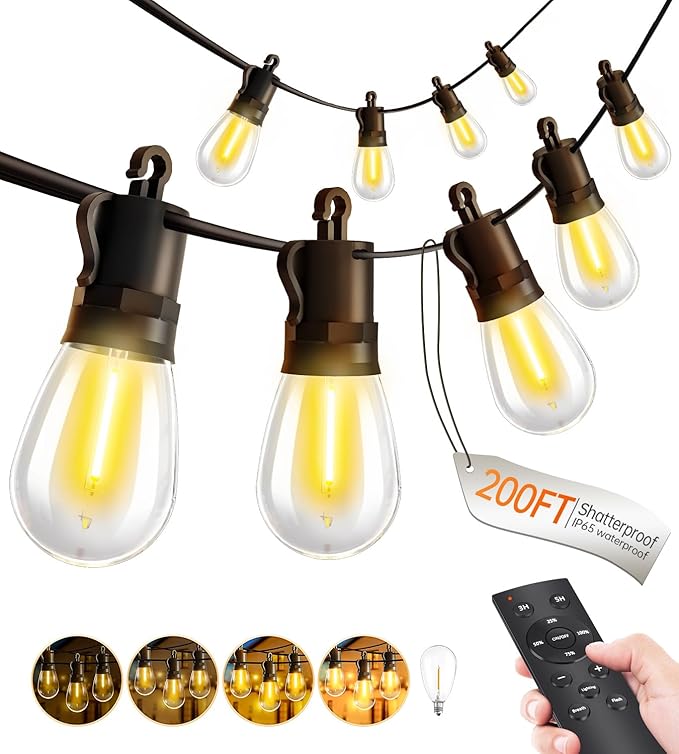 Outdoor String Lights Patio LED Light Outside - 60M 58+2 S14 LED Dimmable 200ft Porch Lighting IP65 Waterproof