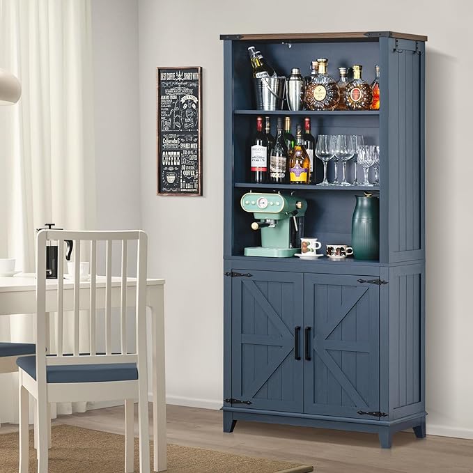 70in Tall Bookshelf 5 Tier Bookcase with Barn Doors and Adjustable Shelves, Blue Farmhouse Book Shelf with Storage Cabinet, Wood Freestanding Display Bookshelves for Bedroom, Kitchen (2PCS)