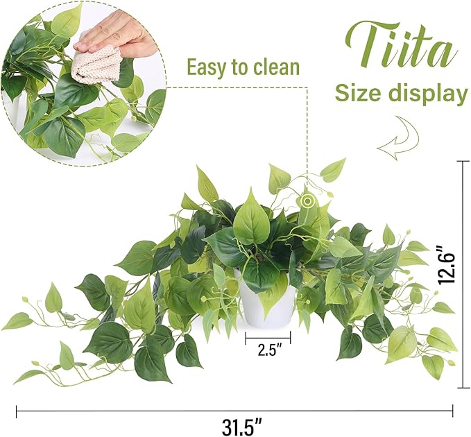 Tiita 2 Pack Fake Plants Artificial Scindapsus Aureus in Pots, Realistic Fake Greenery Potted Plants for Home Office Desk Window Sill Bathroom Bedroom Outdoor Indoor