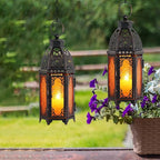 NEEDOMO Set of 2 Moroccan Lanterns Decorative Indoor & Outdoor, Hanging Candle Lantern, 11'' Vintage Candle Holder, Metal Lanterns Decorative, Table, Patio, Porch, Shelf, Gothic Home Decor (Amber)