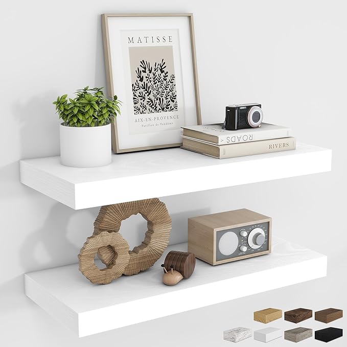 RICHFOCUS 24Inch Floating Shelves for Wall 2 Pack Shelves for Bedroom|Kitchen|Bathroom Wall Mounted Rustic Wood Floating Shelf with Invisible Brackets for Books|Storage|Decor, White