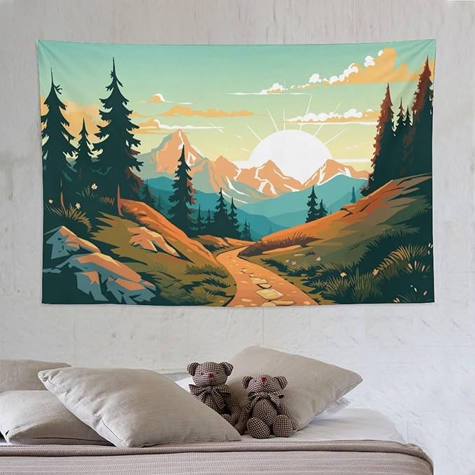 HZOHNAGO Mountain Tapestry Forest Mountain Sunrise Road Pattern Printed Wall Tapestry Wall Hanging for Bedroom Living Room Dorm 90" W x 60" H