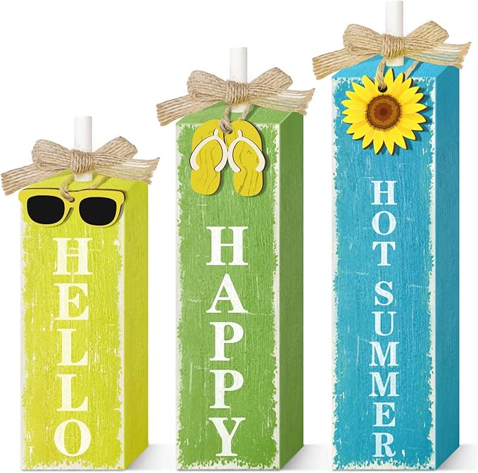 3 PCs Wooden Tiered Tray Decor Hello Happy Hot Summer Rustic Table Decor Block Signs for Beach Island Home Office Decorations (Summer-1)
