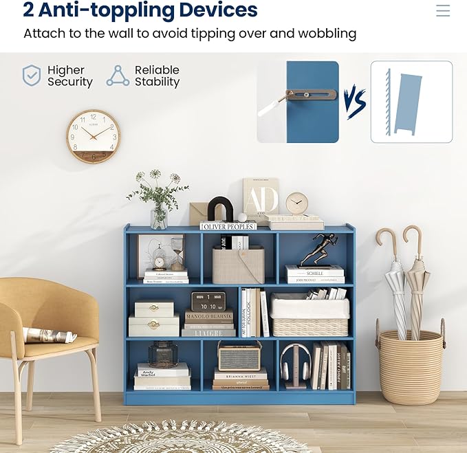 Tangkula 8-Cube Bookcase, Wood 3 Tier Open Storage Bookshelf, Modern Multipurpose Display Cabinet for Living Room, Study, Reading Nook, 48 x 12.5 x 36.5 Inch (Bright Blue)