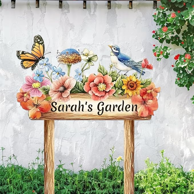 Personalized Colorful Bird Metal Sign with Stake,Custom Gardener Last Name Signs Outdoor Decorate,Customized Garden Accessories Decor for Mom,Butterfly Flowers Plaques for Patio Lawn Porch Backyard