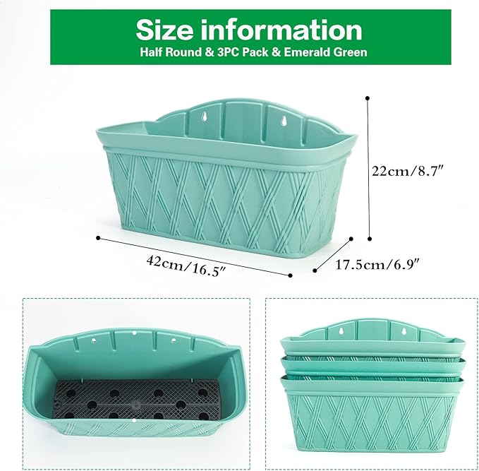 Sungmor 3 Pack Wall Hanging Planters, 16.5 Inch Railing Fence Hanging Flower Pots, Thickened Plastic Water Storage Plant Pot, Indoor Outdoor Garden Balcony Decor, Light Green Large Plant Basket
