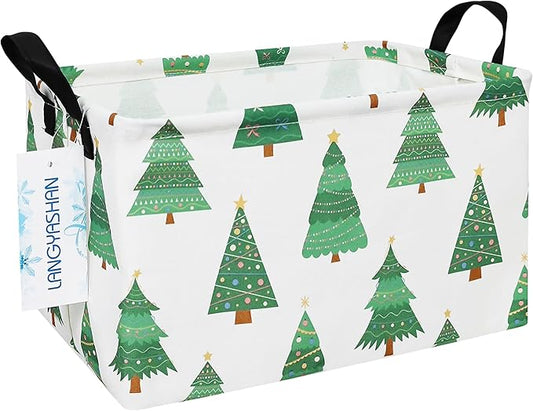 LANGYASHAN Rectangular Storage Bin Collapse Canvas Fabric Cartoon Storage Basket with Handles for Organizing Home Kitchen Boys and Girls Toys Office Closet Shelf Baskets (Rec christmas tree)