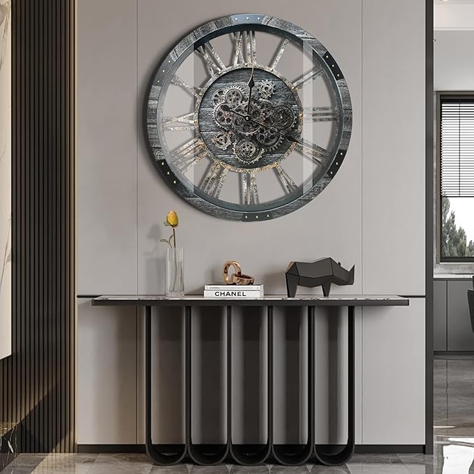 DORBOKER 27" Real Moving Gears Large Wall Clock with Toughened Glass Cover, Giant Wood Farmhouse Clock, Oversized Vintage Industrial Rustic Clock for Living Room Decor Home Kitchen (Carbon Grey)