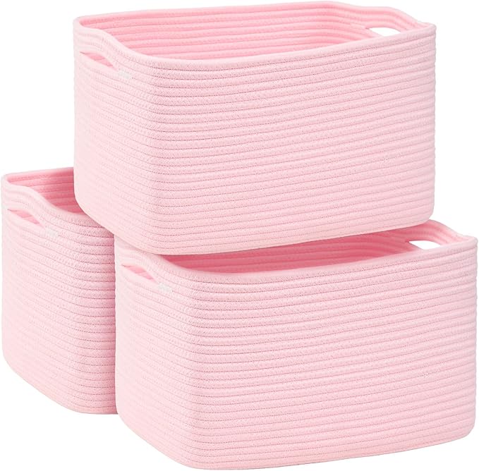 3-Pack Shelf Baskets for Organizing, Woven Storage Basket for Shelves, Cotton Rope Storage Bins for Toys Books, Nursery Towel Baskets for Classroom, 14.96"X9.8"X8.85", Pink