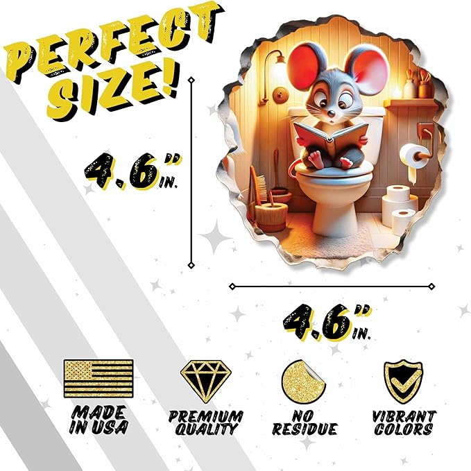 3D Mouse Sitting on Toilet - Mousehole Wall Sticker Decal - Removable Bathroom Decor - Kids Room - Peel & Stick - Whimsical Home Decor - MICESTERPIECE