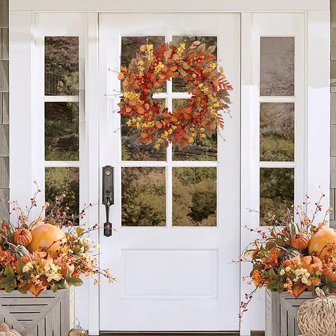 22 inch Artificial Fall Wreaths for Front Door,Autumn Wreath with Large red Berries and Fall Leaves Suitable for Indoor Outdoor Wall Porch Harvest Festival Thanksgiving Day Farmhouse Holiday Decor.