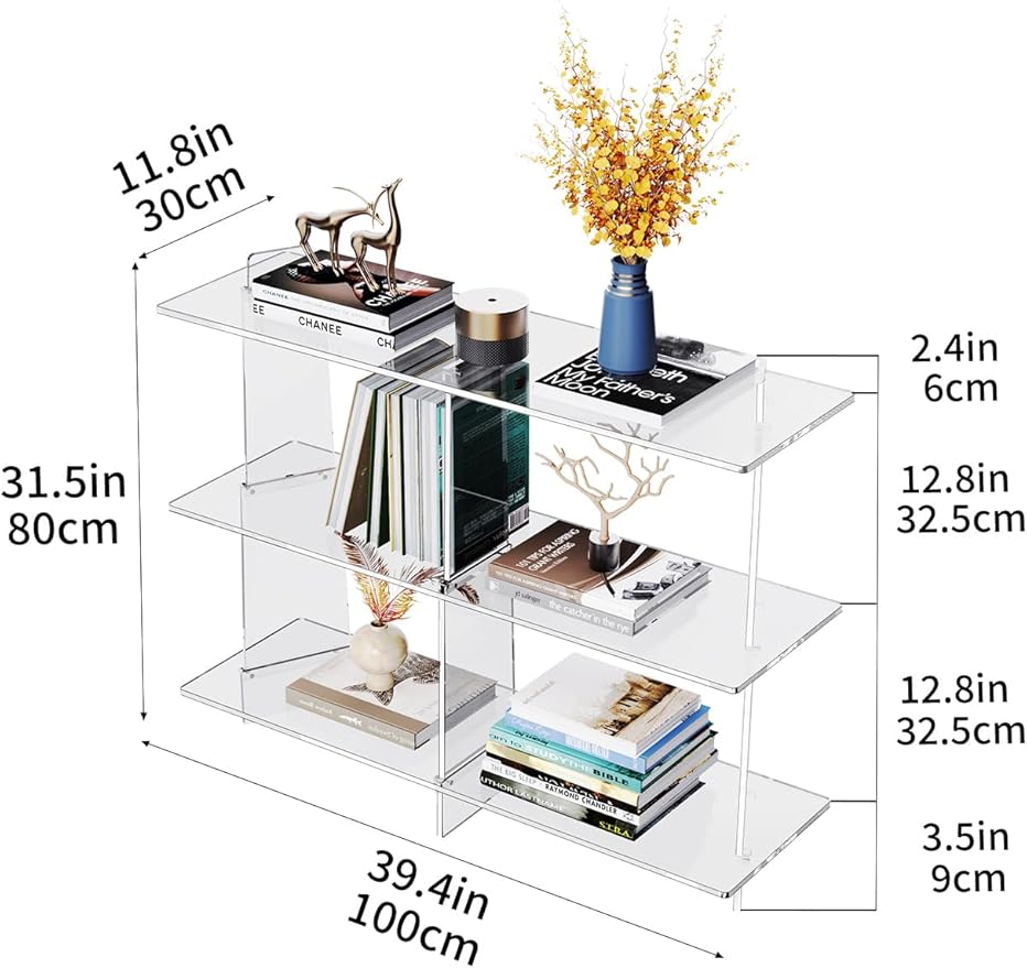 Acrylic Bookshelf, Small 3 Tier Open Bookcase for Small Spaces,Sofa Table, Hallway Entry Table for Home Living Room (Clear, 39.4'' x 11.8'' x 31.5'')