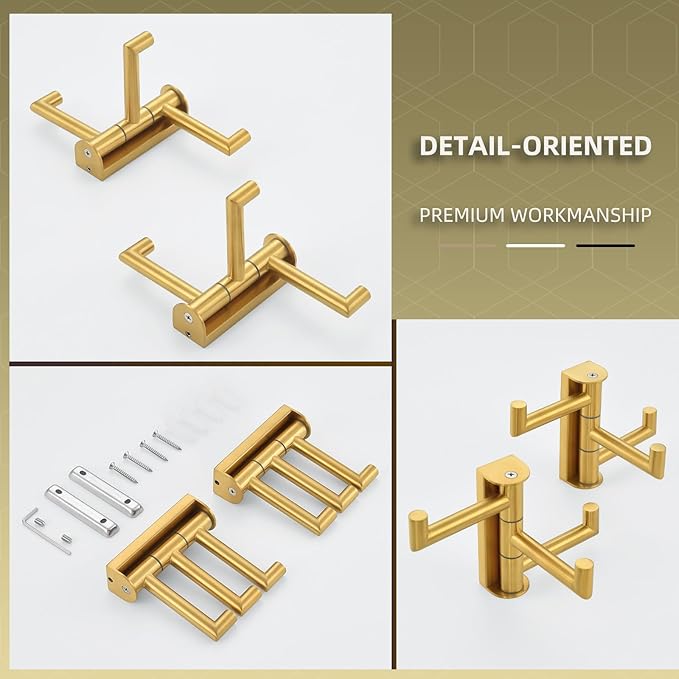 Angle Simple Towel Hooks Swivel, SUS 304 Stainless Steel 3 Arms Foldable Hand Towel Holder, Coat Hooks, Brushed Gold, 2 Pack
