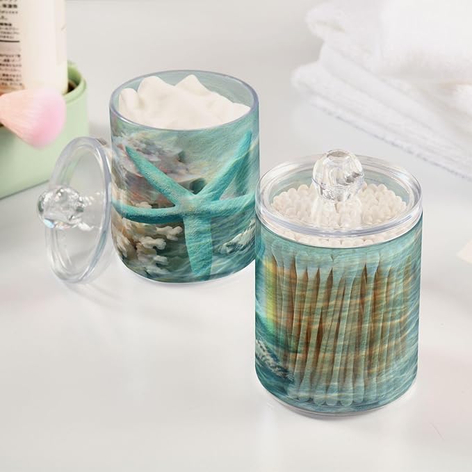 2 Pack Qtip Holder Organizer Dispenser Seashell Starfish Summer Beach Bathroom Storage Canister Cotton Ball Holder Container for Cotton Swabs/Pads/Floss