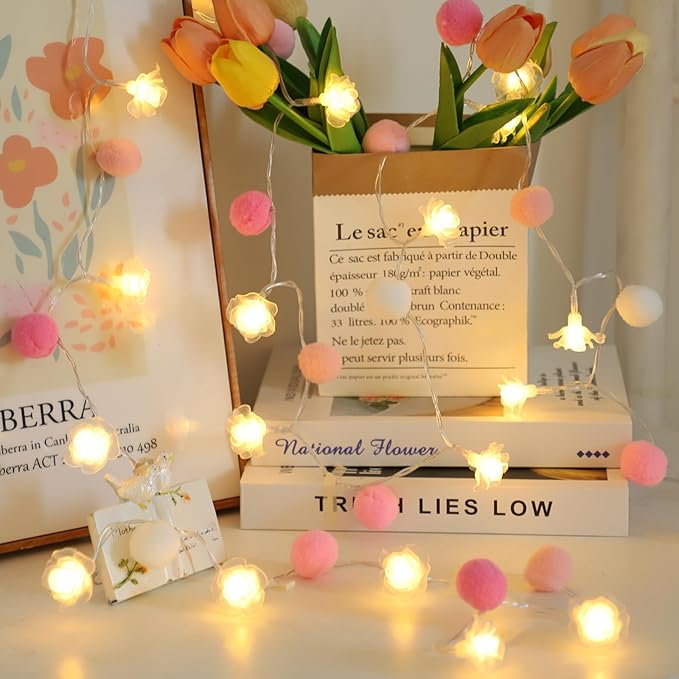 9.85Ft String Lights 20 Cute Pink Pompoms 20 LEDs Rose Fairy Lights Garland Battey Operated with Timer Flower Lights for Bedroom Kids Room Party Birthday Wedding Valentines Decorations