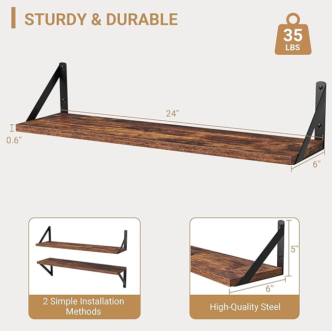 Heimlove Floating Shelves for Wall, 24 Inch Long Wood Floating Shelves Set of 3, Wall Mounted Hanging Shelf for Bathroom Bedroom Kitchen, Rustic Brown