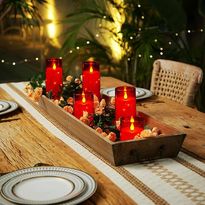 Homemory 9 Pcs Flameless Candles with Embedded Star String Fairy Lights, Battery Operated Candles, LED Candle, Fake Candles with Remote Control and Timer (Red)