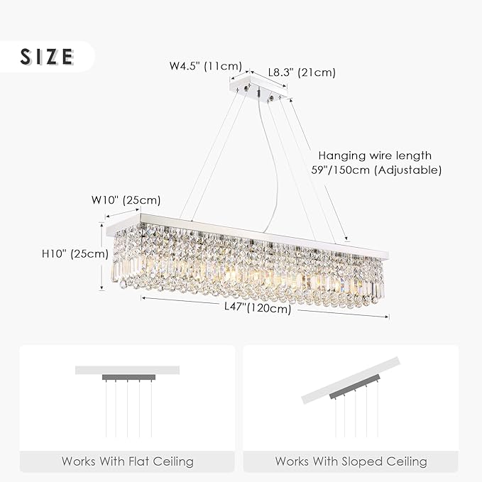 Siljoy Modern Rectangular Crystal Chandelier, 47" Rectangle Raindrop Hanging Ceiling Pendant Light Fixture Adjustable Height for Kitchen Island Dining Room, Polished Chrome Finish, L47 x W10 x H10