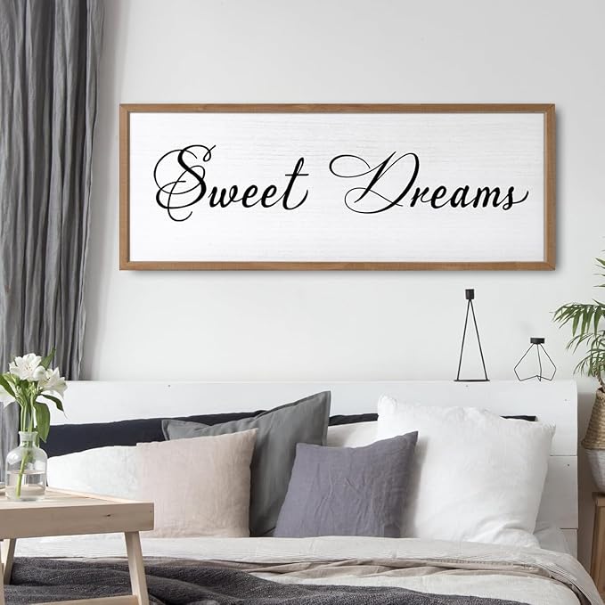 Sweet Dreams Wall Decor Above Bed 32x12 Inch Large Master Bedroom Hanging Wood Rustic Framed Farmhouse Sweet Dreams Sign Guest Room Aesthetic And Minimalist Over Bed Wall Art（Wood White）