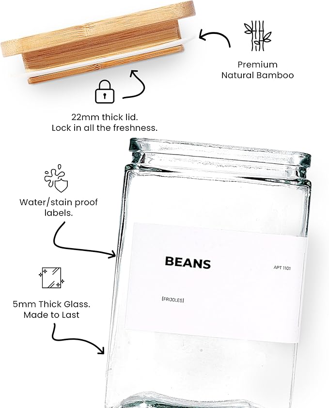 27 oz Glass Storage Jars with Bamboo Lid, set of 6, glass canisters with airtight lids, Clear jars with lids for Cookie, Candy, Tea, Coffee Bean and Rice (White)