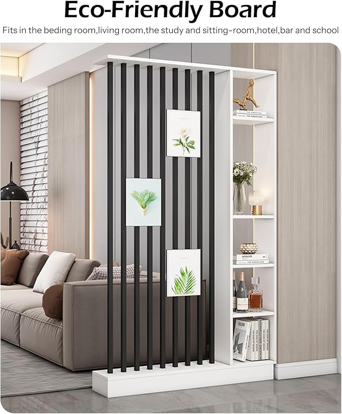 Wall Room Divider, Storage Cabinet Storage Display with Shelves, Modern Freestanding Wood Room Divider Screen, Wall Privacy Screens for Home Decorative (White+Black,31.5" L x 9.5" W x 79.5" H)