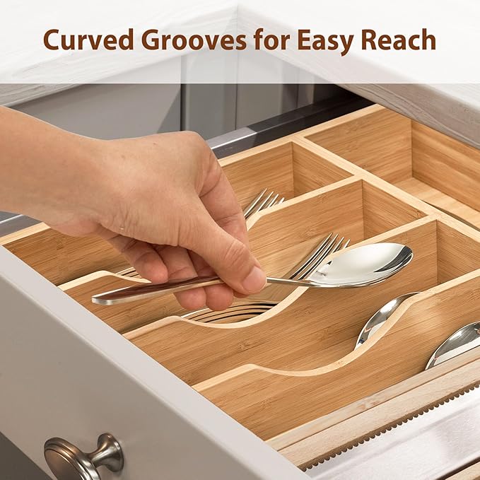 Umilife Kitchen Drawer Organizer, 10 Inch Silverware Utensil Tray Holder, Extra Deep, with Non-Slip Feet & Grooved Drawer Divider, 5 Slots Total Bamboo Wood Caddy for Flatware Cutlery Knives