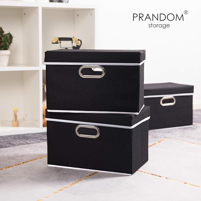 PRANDOM Foldable Storage Box with Lid [3-Pack] Fabric Collapsible Storage Bin Organizer Container Basket Cube with Cover for Home Bedroom Closet Office Nursery Black (14.9x9.8x9.8)