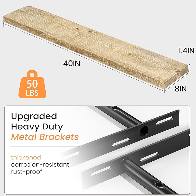 Fun Memories Floating Shelves for Wall Decor, 40"x8" Rustic Reclaimed Wood Shelves, Heavy-Duty Wall Mounted Shelves with Invisible Brackets, Set of 2for Living Room, Bedroom, Kitchen, Natural Finish